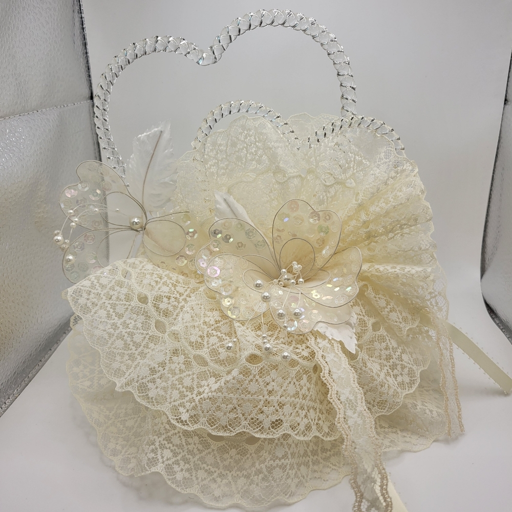Vintage Heart-Shaped Acrylic Wedding Cake Topper 9" Tall Lace Sequins Ribbon